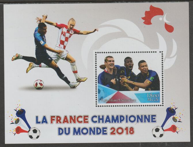 Madagascar 2018 France Football Champions perf m/sheet #2 containing one value unmounted mint, stamps on football