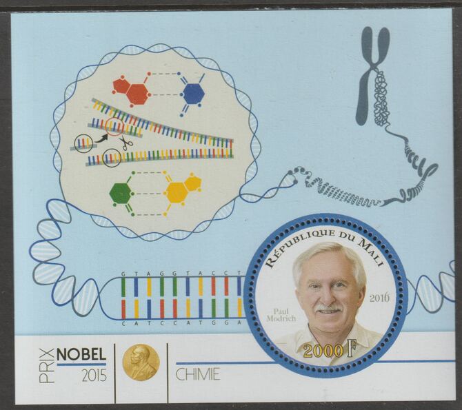 Mali 2015 Nobel Prize for Chemistry - Paul Modrich perf sheet containing one circular value unmounted mint, stamps on personalities, stamps on nobel, stamps on shaped, stamps on chemistry