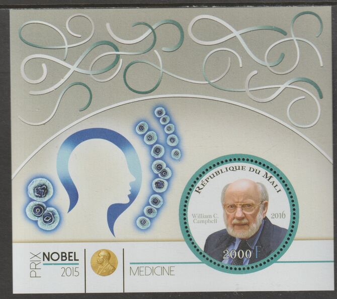 Mali 2015 Nobel Prize for Medicine - William C Campbell perf sheet containing one circular value unmounted mint, stamps on , stamps on  stamps on personalities, stamps on  stamps on nobel, stamps on  stamps on shaped, stamps on  stamps on medical