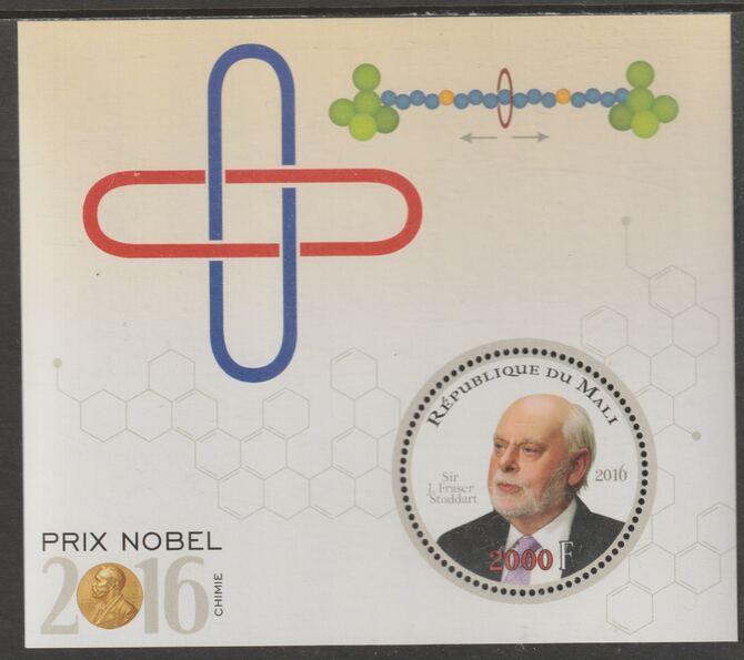 Mali 2016 Nobel Prize for Chemistry - Sir J Fraser Stoddart perf sheet containing one circular value unmounted mint, stamps on personalities, stamps on nobel, stamps on shaped, stamps on chemistry