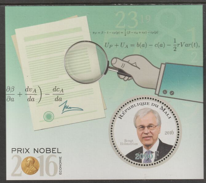Mali 2016 Nobel Prize for Economics - Bengt Holmstrom perf sheet containing one circular value unmounted mint, stamps on personalities, stamps on nobel, stamps on shaped, stamps on economics