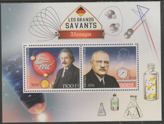 Ivory Coast 2017 Great Scholars of Germany #1 - Einstein & Bosch perf sheet containing two values unmounted mint, stamps on , stamps on  stamps on personalities, stamps on  stamps on science, stamps on  stamps on physics, stamps on  stamps on nobel, stamps on  stamps on einstein, stamps on  stamps on chemistry, stamps on  stamps on 