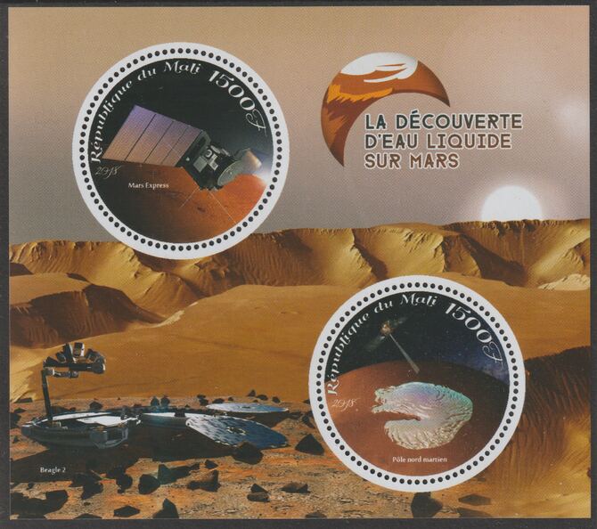 Mali 2018 Discovery of Water on Mars perf sheet containing two circular values unmounted mint, stamps on , stamps on  stamps on shaped, stamps on  stamps on space, stamps on  stamps on mars, stamps on  stamps on planets
