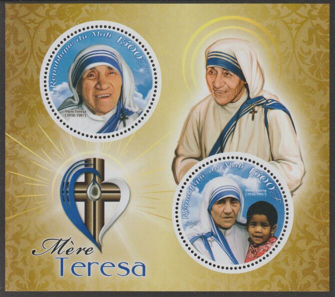 Mali 2018 Mother Teresa perf sheet containing two circular values unmounted mint, stamps on , stamps on  stamps on shaped, stamps on  stamps on personalities, stamps on  stamps on nobel, stamps on  stamps on teresa