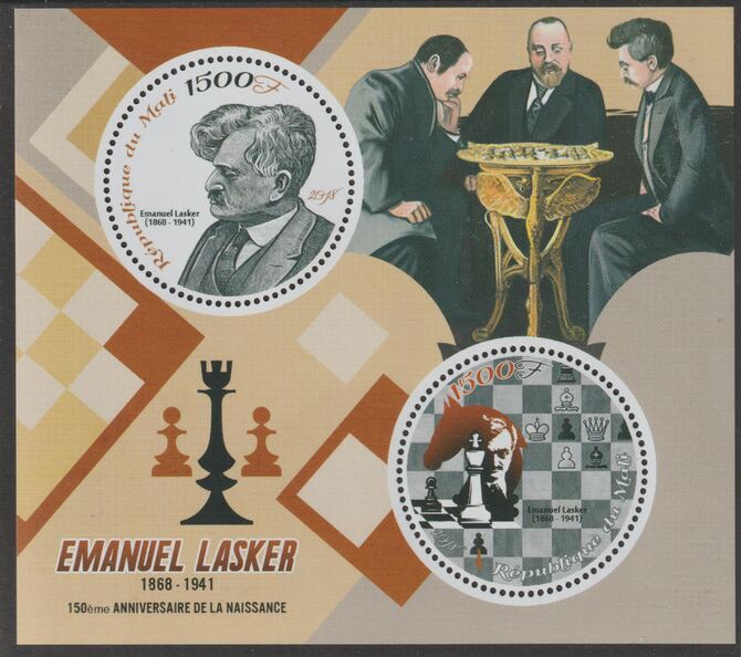 Mali 2018 Emanuel Lasker (Chess) - 150th Birth Anniversary perf sheet containing two circular values unmounted mint, stamps on , stamps on  stamps on shaped, stamps on  stamps on personalities, stamps on  stamps on chess