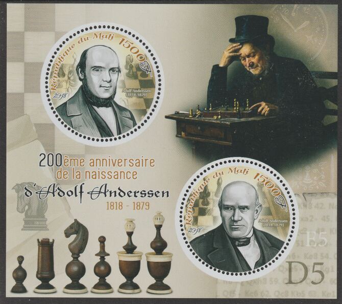 Mali 2018 Adolf Anderssen (Chess) - 200th Birth Anniversary perf sheet containing two circular values unmounted mint, stamps on shaped, stamps on personalities, stamps on chess