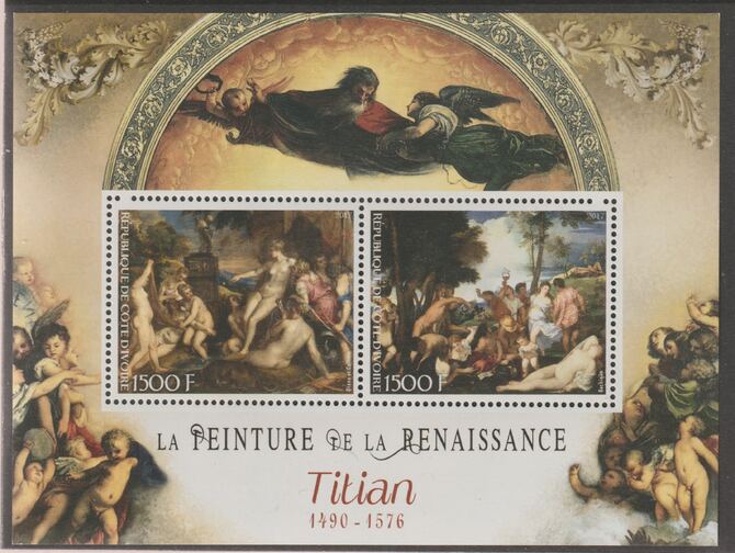 Ivory Coast 2017 Renaissance Painters - Titian perf sheet containing two values unmounted mint, stamps on , stamps on  stamps on personalities, stamps on  stamps on arts, stamps on  stamps on paintings, stamps on  stamps on titian
