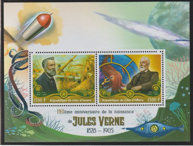Ivory Coast 2018 Jules Verne 190th Birth Anniversary perf sheet containing two values unmounted mint, stamps on personalities, stamps on literature, stamps on sci-fi, stamps on octopus
