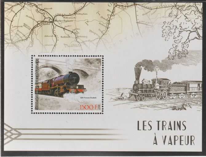 Ivory Coast 2017 Steam Trains perf m/sheet #1 containing one value unmounted mint, stamps on railways, stamps on maps