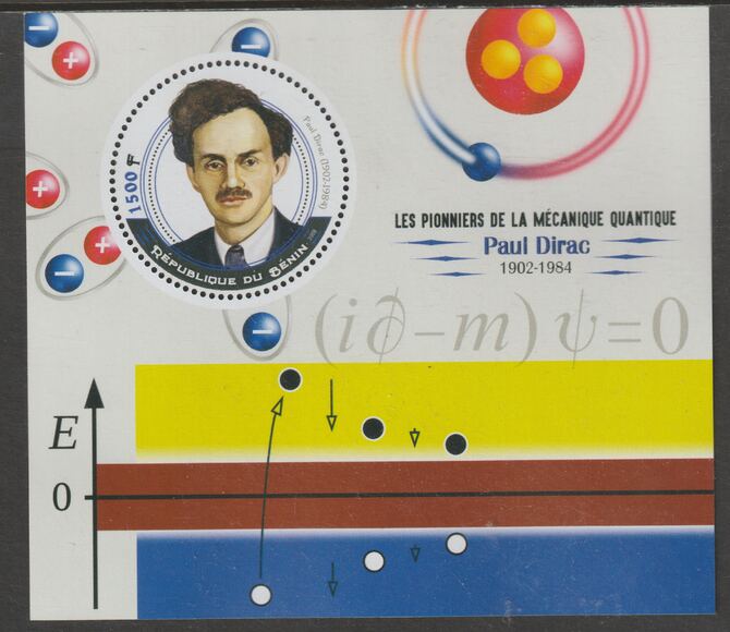 Benin 2018 Quantum Mechanics - Paul Dirac perf deluxe m/sheet containing one circular value unmounted mint, stamps on shape, stamps on personalities, stamps on science, stamps on physics