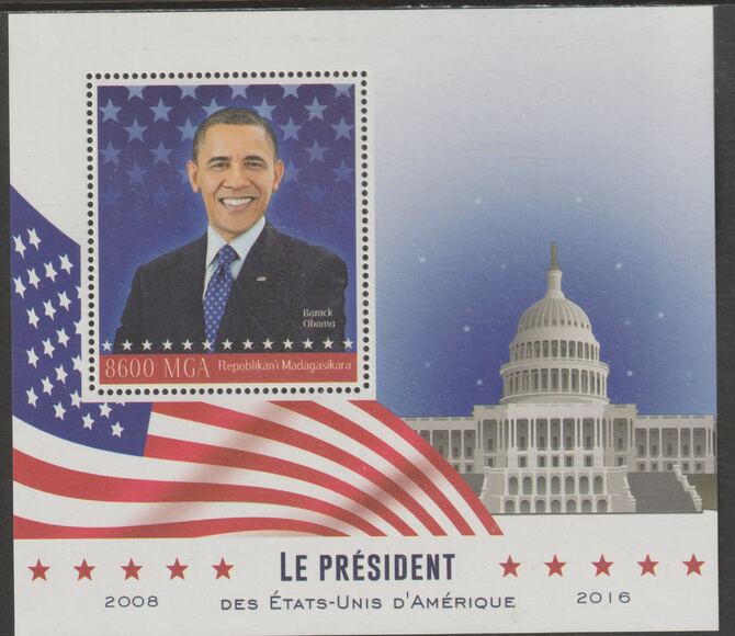 Madagascar 2016 Barack Obama perf m/sheet containing one value unmounted mint, stamps on , stamps on  stamps on personalities, stamps on  stamps on obama, stamps on  stamps on us presidents, stamps on  stamps on flags