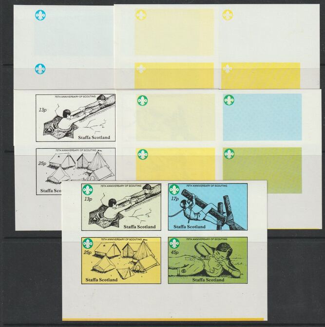 Staffa 1982 75th Anniversary of Scouting sheet of 4 values - the set of 5 imperf progressive proofs comprising 3 individual colours, 2 colour composite and all 3 colours ..., stamps on scouts, stamps on knots