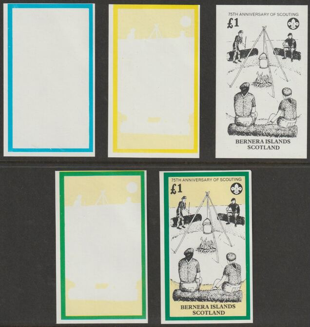Bernera 1982 75th Anniversary of Scouting imperf souvenir sheet (Â£1 value) - the set of 5 imperf progressive proofs comprising 3 individual colours, 2 colour composite..., stamps on scouts, stamps on 