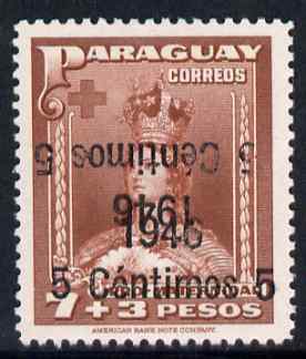 Paraguay 1946 surcharged 5c on 7p + 3p red-brown with surch doubled, one inverted unmounted mint, SG 632var, stamps on 
