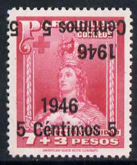 Paraguay 1946 surcharged 5c on 7p + 3p carmine-rose with surch doubled, one inverted unmounted mint, SG 634var, stamps on 