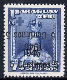 Paraguay 1946 surcharged 5c on 7p + 3p blue with surch doubled, one inverted unmounted mint, SG 635var, stamps on 