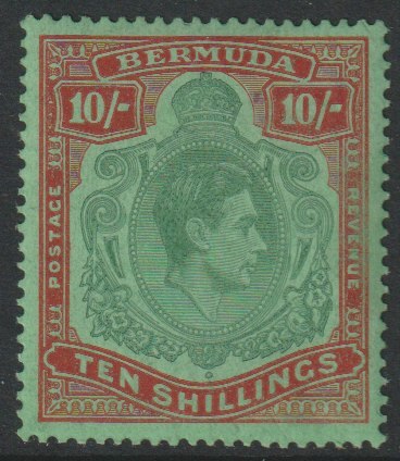 Bermuda 1938-53 KG6 10s deep green & dull red on green (emerald back) perf 14 unmounted mint, SG 119d, stamps on , stamps on  stamps on , stamps on  stamps on  kg6 , stamps on  stamps on 