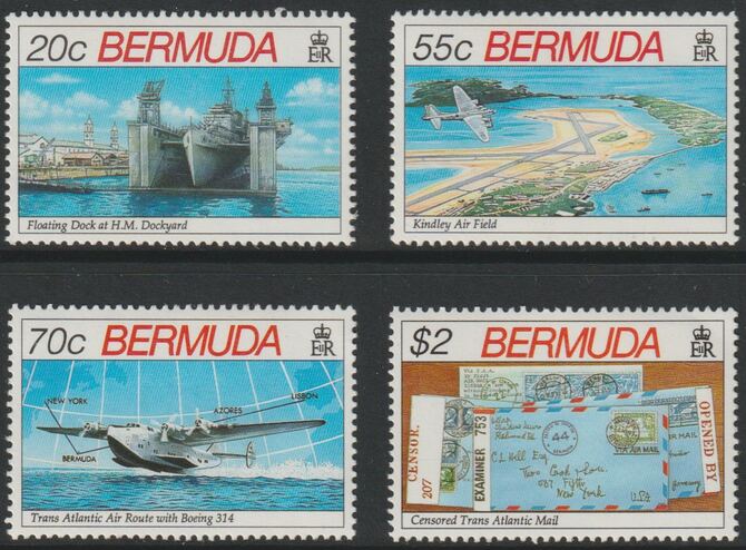 Bermuda 1991 50th Anniv of Second World War perf set of 4 unmounted mint SG 636-39, stamps on , stamps on  ww2 , stamps on stamp on stamp, stamps on airports, stamps on aviation, stamps on flying boats