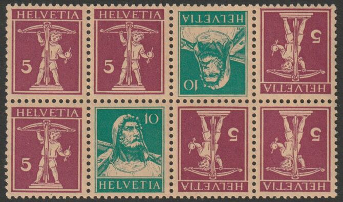 Switzerland 1914 Tell 10c & Tells Son 5c se-tenant tete-beche block of 8 unmounted mint, stamps on tete-beche, stamps on archery