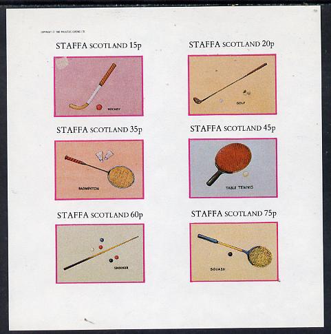 Staffa 1982 Sports Accessories (Hockey, Golf, Table-Tennis, Squash etc) imperf set of 6 values (15p to 75p) unmounted mint, stamps on sport   golf    table tennis   field hockey    snooker     squash    badminton