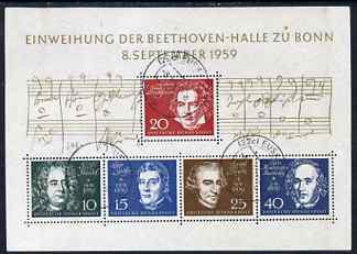 Germany - West 1959 Inauguration of Beethoven Hall m/sheet fine cds used, SG MS 1233a , stamps on music, stamps on personalities, stamps on composers, stamps on beethoven, stamps on haydn, stamps on mendelsohn, stamps on personalities, stamps on beethoven, stamps on opera, stamps on music, stamps on composers, stamps on deaf, stamps on disabled, stamps on masonry, stamps on masonics