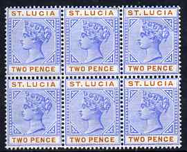 St Lucia 1891-98 QV 2d blue & orange block of 6 unmounted mint but two stamps affected by crease and some ink offset on 3 stamps, SG 45, stamps on , stamps on  qv , stamps on 
