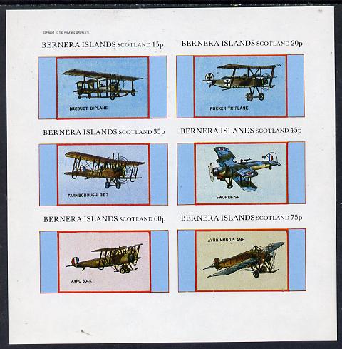 Bernera 1982 Aircraft #12 (Breguet, Swordfish, Avro etc) imperf set of 6 values (15p to 75p) unmounted mint, stamps on aviation