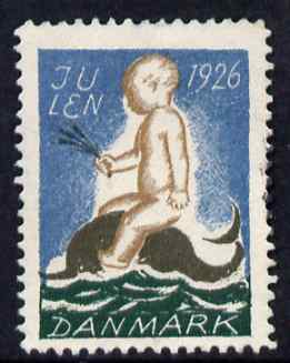 Cinderella - Denmark 1926 Christmas seal (Boy riding a Dolphin) unused without gum, stamps on christmas, stamps on whales, stamps on dolphins
