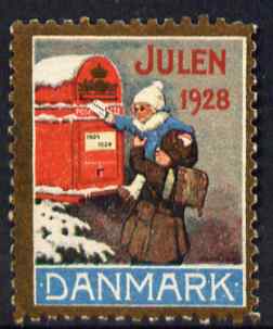 Cinderella - Denmark 1928 Christmas seal (Child posting letter) unused without gum, stamps on christmas, stamps on postbox