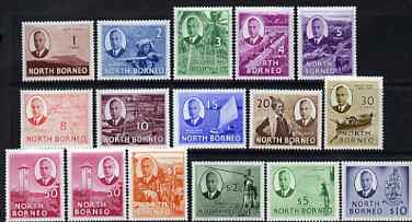 North Borneo 1950-52 KG6 full face definitive set complete 1c to $10 (including both 50c) mounted mint, SG 356-70, stamps on mountains, stamps on music, stamps on maps, stamps on cattle, stamps on timber, stamps on ships, stamps on clocks, stamps on horses, stamps on fishing, stamps on arms, stamps on heraldry, stamps on  kg6 , stamps on 