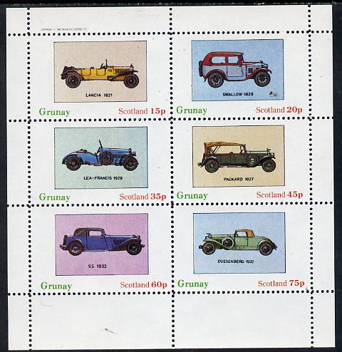 Grunay 1982 Early Cars (Lancia 1921, Packard 1927 etc) perf set of 6 values (15p to 75p) unmounted mint, stamps on cars, stamps on lancia, stamps on packard, stamps on jaguar, stamps on 