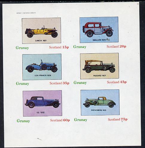 Grunay 1982 Early Cars (Lancia 1921, Packard 1927 etc) imperf set of 6 values (15p to 75p) unmounted mint, stamps on cars, stamps on lancia, stamps on packard, stamps on jaguar, stamps on 