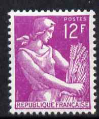 France 1954-59 Harvester 12f bright purple unmounted mint, SG 1201g, stamps on farming, stamps on agriculture, stamps on wheat, stamps on grain, stamps on 