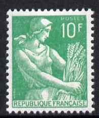 France 1954-59 Harvester 10f emerald unmounted mint, SG 1201f, stamps on farming, stamps on agriculture, stamps on wheat, stamps on grain, stamps on 
