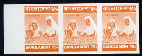Bangladesh 1973 Plucking Tea 75p orange imperf marginal strip of 3 unmounted mint as SG30, stamps on drinks, stamps on  tea , stamps on 