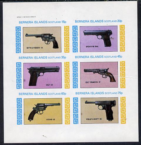 Bernera 1982 Pistols (Smith & Wesson, Colt 45, Browning, etc) imperf set of 6 values (15p to 75p) unmounted mint, stamps on militaria, stamps on wild west, stamps on firearms