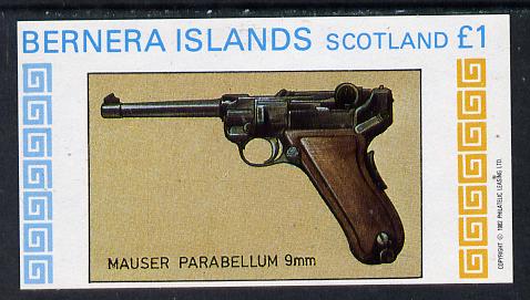 Bernera 1982 Pistols (Mauser 9mm) imperf souvenir sheet (Â£1 value) unmounted mint, stamps on militaria, stamps on firearms