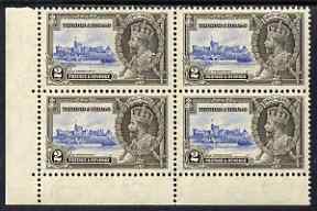 Trinidad & Tobago 1935 Silver Jubilee 2c corner block of 4, one stamp with Extra Flagstaff\D5 variety, unmounted mint but slight signs of toning not visible from the fron..., stamps on , stamps on  kg5 , stamps on silver jubilee, stamps on castles