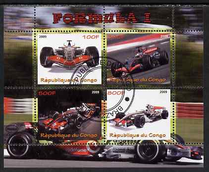 Congo 2009 Formula 1 perf sheetlet containing 4 values fine cto used, stamps on cars, stamps on formula 1, stamps on  f1 , stamps on racing cars