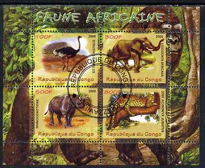 Congo 2009 African Fauna perf sheetlet containing 4 values fine cto used, stamps on animals, stamps on elephants, stamps on cats, stamps on rhinos, stamps on apes, stamps on ostriches