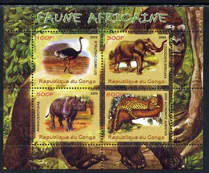 Congo 2009 African Fauna perf sheetlet containing 4 values unmounted mint, stamps on animals, stamps on elephants, stamps on cats, stamps on rhinos, stamps on apes, stamps on ostriches