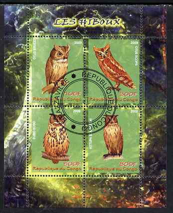 Congo 2009 Owls perf sheetlet containing 4 values fine cto used, stamps on owls, stamps on birds, stamps on birds of prey