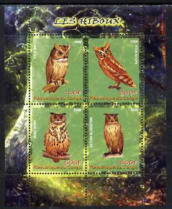 Congo 2009 Owls perf sheetlet containing 4 values unmounted mint, stamps on owls, stamps on birds, stamps on birds of prey