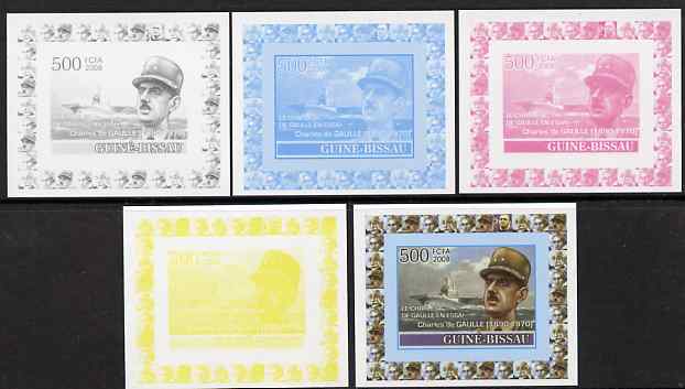 Guinea - Bissau 2008 Charles de Gaulle 500f individual deluxe sheet - the set of 5 imperf progressive proofs comprising the 4 individual colours plus all 4-colour composi..., stamps on personalities, stamps on de gaulle, stamps on  ww1 , stamps on  ww2 , stamps on militaria, stamps on flat tops, stamps on ships, stamps on personalities, stamps on de gaulle, stamps on  ww1 , stamps on  ww2 , stamps on militaria
