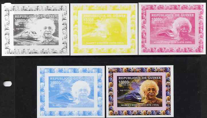 Guinea - Conakry 2006 Albert Einstein individual deluxe sheet #2 with TGV Train - the set of 5 imperf progressive proofs comprising the 4 individual colours plus all 4-colour composite, unmounted mint, stamps on personalities, stamps on einstein, stamps on science, stamps on physics, stamps on nobel, stamps on einstein, stamps on maths, stamps on space, stamps on judaica, stamps on atomics, stamps on railways, stamps on personalities, stamps on einstein, stamps on science, stamps on physics, stamps on nobel, stamps on maths, stamps on space, stamps on judaica, stamps on atomics