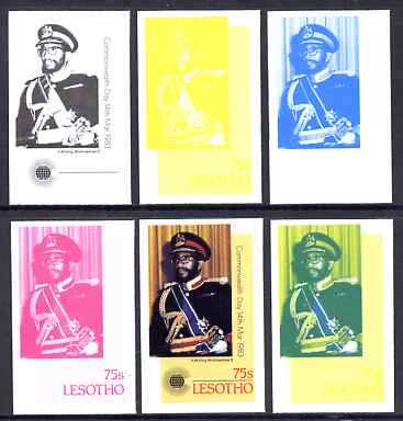 Lesotho 1983 King Moshoeshoe 75s (from Commonwealth Day set) the set of 6 imperf progressive proofs comprising the 4 individual colours plus 2 and all 4-colour composite,..., stamps on royalty