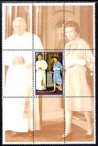 Easdale 1998 Queen Elizabeth with the Pope, Â£2.50 perf souvenir sheet (perforated as a block of 9 with one stamp & 8 labels) unmounted mint, stamps on royalty, stamps on pope, stamps on religion