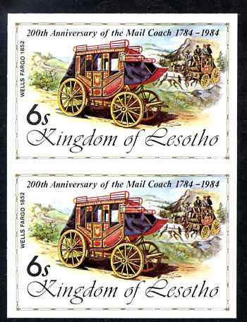 Lesotho 1984 Wells Fargo Coach 6s (from 'Ausipex' Stamp Exhibition set) imperf pair unmounted mint as SG 599, stamps on postal, stamps on transport, stamps on stamp exhibitions, stamps on mail coaches, stamps on horse drawn, stamps on wild west, stamps on horses