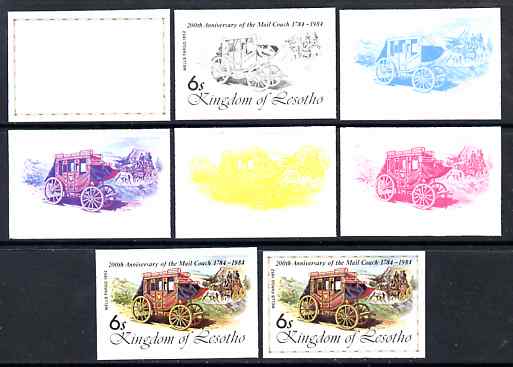 Lesotho 1984 Wells Fargo Coach 6s (from 'Ausipex' Stamp Exhibition set) the set of 8 imperf progressive proofs comprising the 5 individual colours plus 2, 4 and all 5-colour composites, scarce with only 28 proof sets believed to exist, as SG 599, stamps on postal, stamps on transport, stamps on stamp exhibitions, stamps on mail coaches, stamps on horse drawn, stamps on wild west, stamps on horses