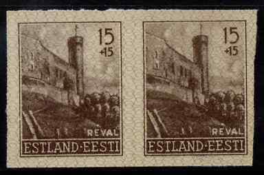 Estonia - German Occupation 1941 Long Hermann Tower 15+15 (k) sepia from Reconstruction set, imperf pair on ungummed paper, as SG 6, stamps on , stamps on  stamps on buildings, stamps on  stamps on  ww2 , stamps on  stamps on 